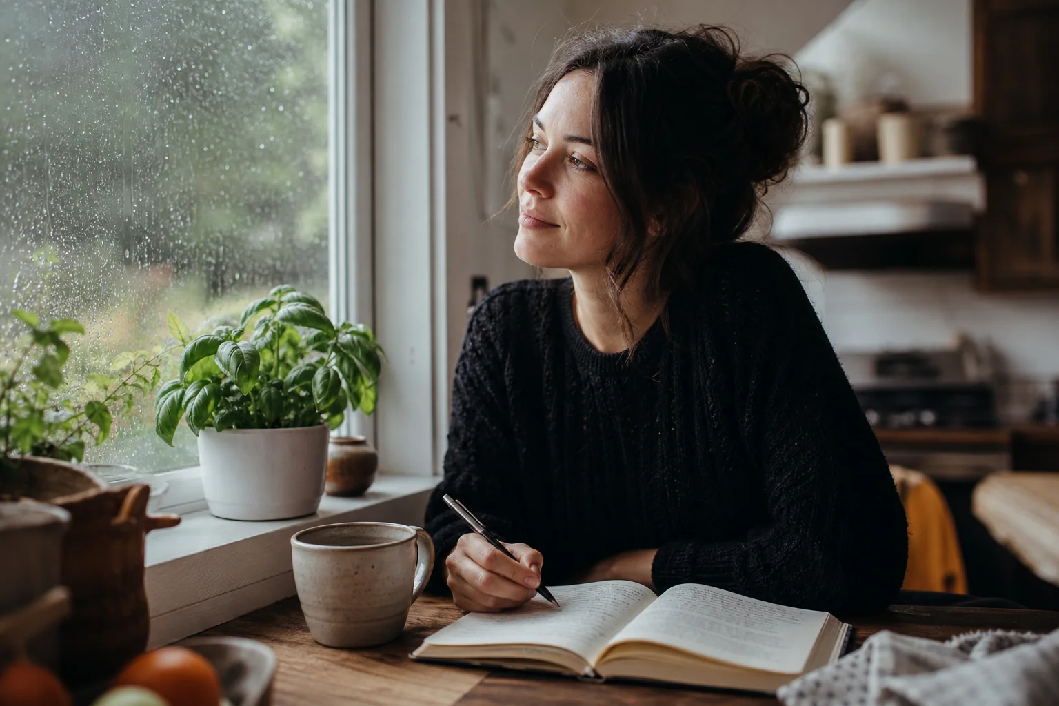 female writer lifestyle scene: female writer near a kitchen window sill with basil plant and rain on glass, open journal, pen, warm kitchen